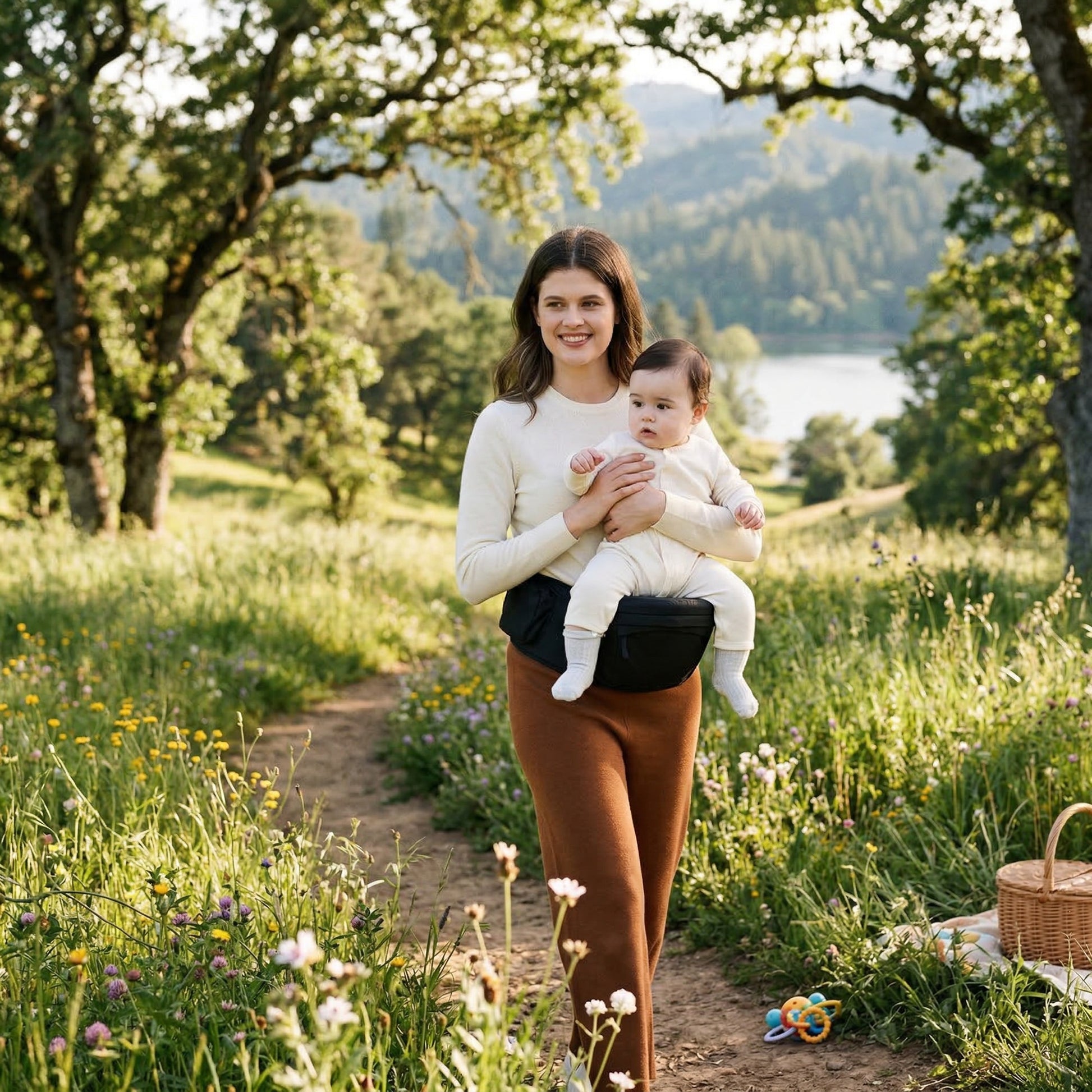maman portant son bébé sur la hanche avec porte-bébé hip seat Nourly